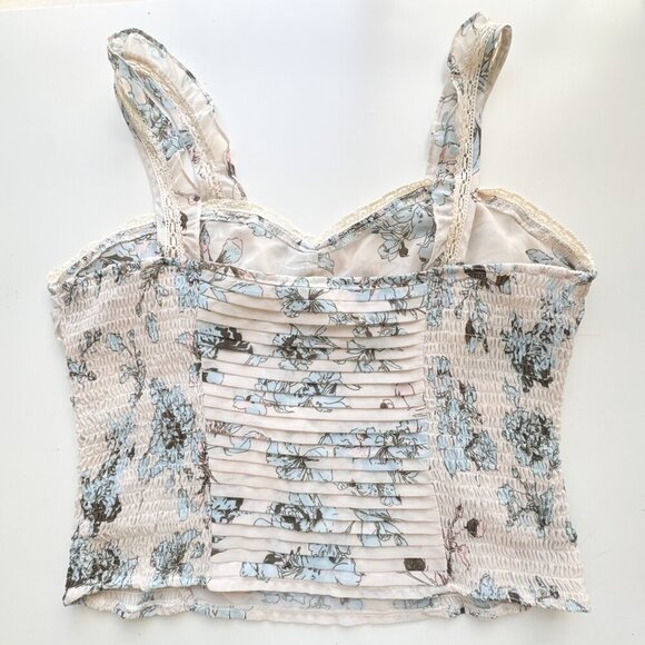 Bohme Pleated Smocked Bustier Tank Cream Blue Floral top Large - Picture 7 of 9